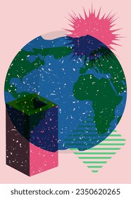 Planet Earth with colorful geometric shapes. Object in trendy riso graph design. Geometry elements abstract risograph print texture style.