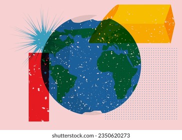 Planet Earth with colorful geometric shapes. Object in trendy riso graph design. Geometry elements abstract risograph print texture style.