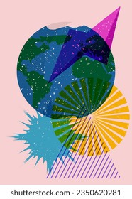 Planet Earth with colorful geometric shapes. Object in trendy riso graph design. Geometry elements abstract risograph print texture style.