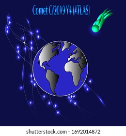 Planeta Tierra y Cometa C/2019 Y4 ATLAS, que podemos ver pronto. Fondo espacial con Vía Láctea.