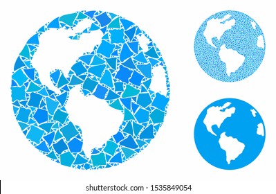 Planet Earth composition of rough pieces in variable sizes and color tones, based on planet Earth icon. Vector tremulant pieces are grouped into collage.