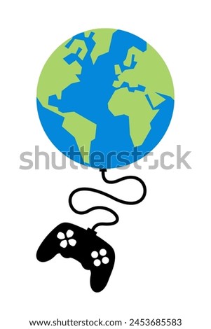 Planet Earth is connected by cable to gamepad and joystick. World as simulation and fake simulated reality. Vector illustration isolated on white.