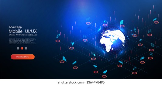 Planet earth continent internet of things icon innovation technology concept. Wireless communication network IOT. Spider web of network connections with on a futuristic blue background Global network.