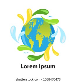 planet earth with continents. Around scatter colorful drops of paint.Space for your text.White background,isolated.Vector illustration, banner template, poster,flyer.Ecological concept