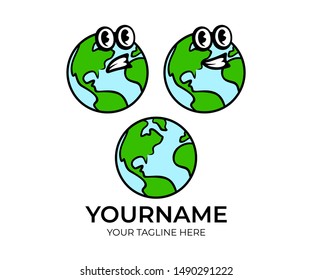Planet earth with continents, planet earth cartoon character, logo design. Environmental protection, environment and ecology, vector design and illustration