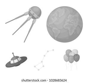 Planet Earth with continents and oceans, flying satellite, Ursa Major, UFO. Space set collection icons in monochrome style vector symbol stock illustration web.