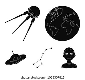 Planet Earth with continents and oceans, flying satellite, Ursa Major, UFO. Space set collection icons in black style vector symbol stock illustration web.