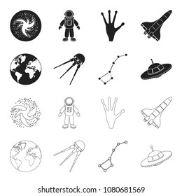 Planet Earth with continents and oceans, flying satellite, Ursa Major, UFO. Space set collection icons in black,outline style vector symbol stock illustration web.