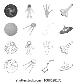 Planet Earth with continents and oceans, flying satellite, Ursa Major, UFO. Space set collection icons in outline,monochrome style vector symbol stock illustration web.