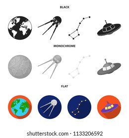 Planet Earth with continents and oceans, flying satellite, Ursa Major, UFO. Space set collection icons in black, flat, monochrome style vector symbol stock illustration web.