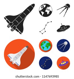 Planet Earth with continents and oceans, flying satellite, Ursa Major, UFO. Space set collection icons in black,flat style vector symbol stock illustration web.
