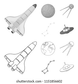 Planet Earth with continents and oceans, flying satellite, Ursa Major, UFO. Space set collection icons in outline,monochrome style vector symbol stock illustration web.