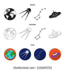 Planet Earth with continents and oceans, flying satellite, Ursa Major, UFO. Space set collection icons in black,flat,outline style vector symbol stock illustration web.