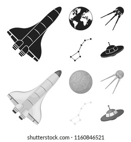 Planet Earth with continents and oceans, flying satellite, Ursa Major, UFO. Space set collection icons in black,monochrome style vector symbol stock illustration web.