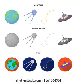 Planet Earth with continents and oceans, flying satellite, Ursa Major, UFO. Space set collection icons in cartoon,flat,monochrome style vector symbol stock illustration web.