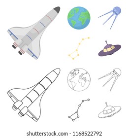 Planet Earth with continents and oceans, flying satellite, Ursa Major, UFO. Space set collection icons in cartoon,outline style vector symbol stock illustration web.