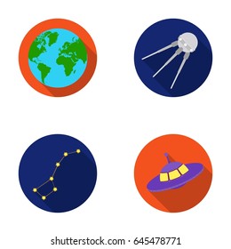 Planet Earth with continents and oceans, flying satellite, Ursa Major, UFO. Space set collection icons in flat style vector symbol stock illustration web.
