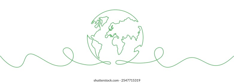 Planeta Terra desenho de linha contínua. Mapa de mundo com linha curva. Símbolo de globo linear. Ilustração vetorial isolada em branco.