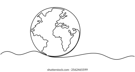 Planet Earth Continuous Line Icon, Globe. Earth globe one line drawing of world map minimalist vector illustration isolated on white background. Continuous line drawing, pro vector illustration.