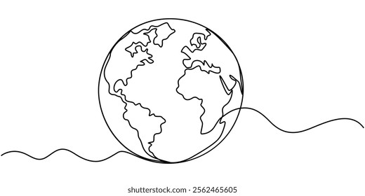 Planet Earth Continuous Line Icon, Globe. Earth globe one line drawing of world map minimalist vector illustration isolated on white background. Continuous line drawing, pro vector illustration.