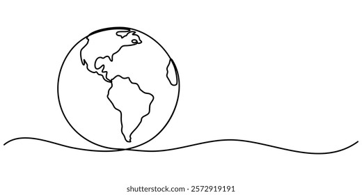 Planet Earth Continuous Line Icon, Planet Earth continuous line drawing. World map with curve line. Linear globe symbol. Vector illustration isolated on white, Ecology Single Line Icon, pro vector.