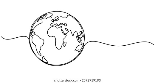 Planet Earth Continuous Line Icon, Planet Earth continuous line drawing. World map with curve line. Linear globe symbol. Vector illustration isolated on white, Ecology Single Line Icon, pro vector.