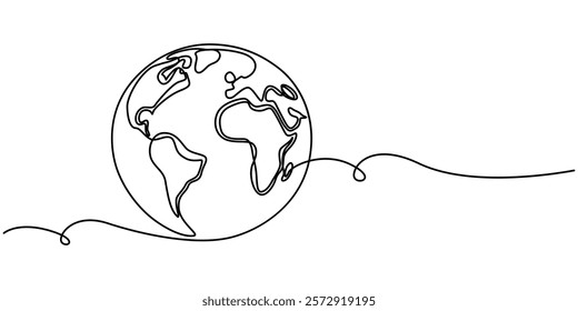 Planet Earth Continuous Line Icon, Planet Earth continuous line drawing. World map with curve line. Linear globe symbol. Vector illustration isolated on white, Ecology Single Line Icon, pro vector.