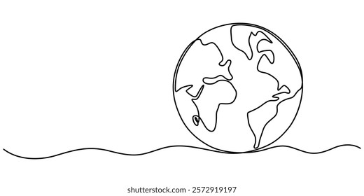 Planet Earth Continuous Line Icon, Planet Earth continuous line drawing. World map with curve line. Linear globe symbol. Vector illustration isolated on white, Ecology Single Line Icon, pro vector.