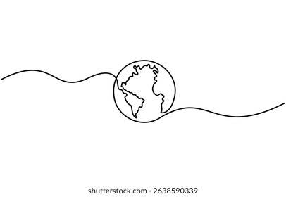 Planet Earth Continuous Line Icon, Continuous one line art drawing of earth planet, Earth globe one line drawing of world map minimalist vector illustration isolated on white background.