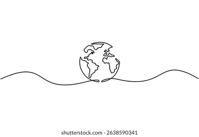 Planet Earth Continuous Line Icon, Continuous one line art drawing of earth planet, Earth globe one line drawing of world map minimalist vector illustration isolated on white background.