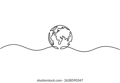 Planet Earth Continuous Line Icon, Continuous one line art drawing of earth planet, Earth globe one line drawing of world map minimalist vector illustration isolated on white background.