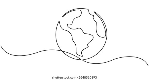 Planet Earth Continuous Line Icon, One continuous line drawing of Earth globe, Continuous one line art drawing of earth planet, Globe, geography vector outline, Single line illustration of world map.