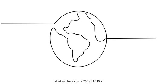 Planet Earth Continuous Line Icon, One continuous line drawing of Earth globe, Continuous one line art drawing of earth planet, Globe, geography vector outline, Single line illustration of world map.