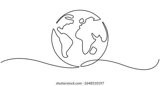 Planet Earth Continuous Line Icon, One continuous line drawing of Earth globe, Continuous one line art drawing of earth planet, Globe, geography vector outline, Single line illustration of world map.