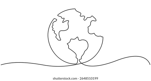 Planet Earth Continuous Line Icon, One continuous line drawing of Earth globe, Continuous one line art drawing of earth planet, Globe, geography vector outline, Single line illustration of world map.