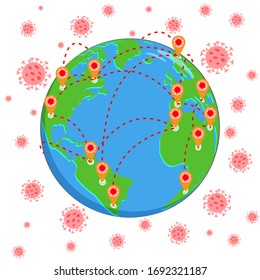 Planeta Tierra Coronavirus (Covid-19), Grandes países con Covid-19, Actualización de la situación con la enfermedad del coronavirus en 2019. Concepto del Coronavirus Mundial (Covid-19). Ilustración vectorial.
