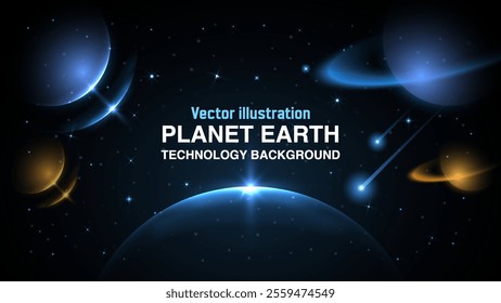 Planet Earth and Cosmic Background: Shining Stars in a Deep Universe. Starry Night Sky Banner. Vector.