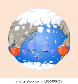 Planet earth covered with snow in red gloves. Vector planet with eyes and mouth sleeping, cold and frozen face. Change of climate design isolated on beige background