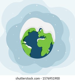 Planet Earth covered snow. Winter holiday design card. Vector illustration