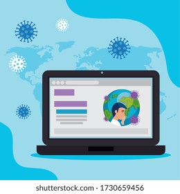 planet earth of covid19 in laptop with man sick vector illustration design