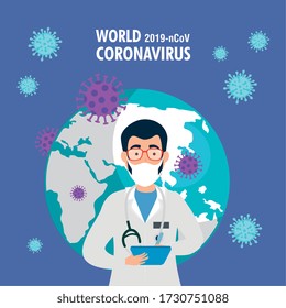 planet earth with covid19 particles and doctor vector illustration design