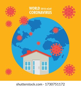 planet earth with covid19 particles with house vector illustration design
