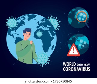 planet earth with covid19 particles and man sick vector illustration design