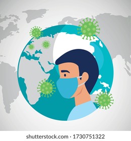 planet earth with covid19 particles and man using face mask vector illustration design