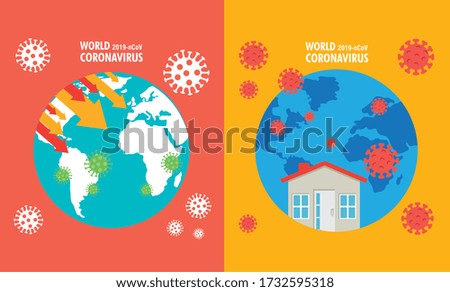 planet earth with covid19 particles set icons vector illustration design