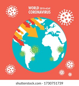 planet earth with covid19 particles and statistics arrows vector illustration design