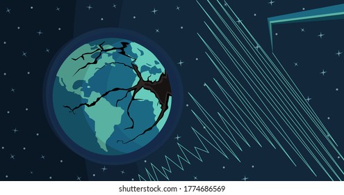 planet earth with a crack after an earthquake, needle of a seismograph registering the seismic shock, starry background, vector illustration