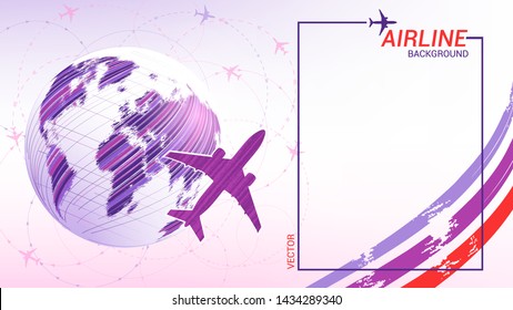 Planet Earth created by brush strokes. World map. Modern colorful banner for travel companies. The contours of the passenger aircraft on the background of an abstract image of the planet. Vector.