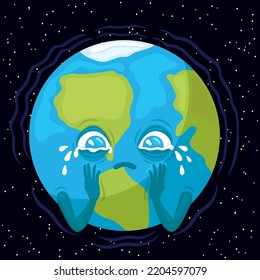 Planet Earth is crying against the backdrop of starry space.