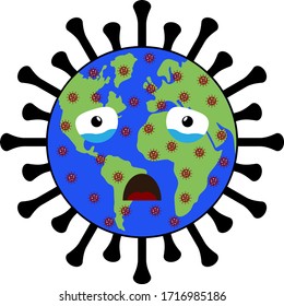 Planet Earth is crying. She entire infected by virus bacteria. She has eyes, tears and a mouth. A white background. Vector illustration.